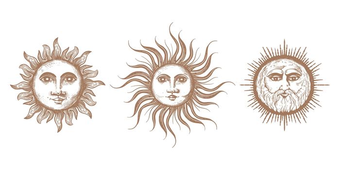Sun collection. The sun is drawn by hand in the style of engraving. Overview graphic retro illustration. Vintage stylization of esoteric and occult sign.