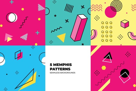 Set of Memphis Pattern. Red, Blue, Yellow, Turquoise Colors. Memphis Style Funky Patterns. Hipster Style 80s-90s. Vector illustration. Suitable for banners, funky posters, flyers, covers.