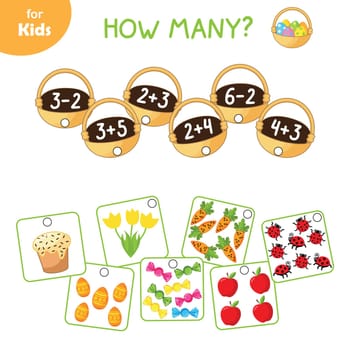 Educational Games For Children. Mathematics. Solve A Math Problem. Match The Correct Numbers And Pictures. Easter Series. Education And Entertainment For Young Children. Preschool Workbook