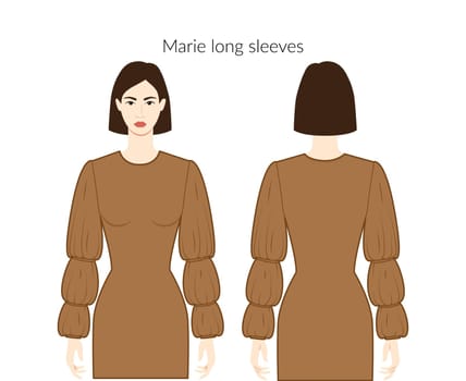 Marie sleeves long length clothes character beautiful lady in brown top, shirt, dress technical fashion illustration, fitted body. Flat apparel template front, back sides. Women, men unisex CAD mockup