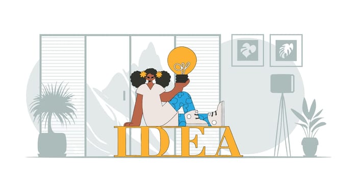 Refined girl is holding a light bulb. Illustration on the theme of the appearance of an idea.