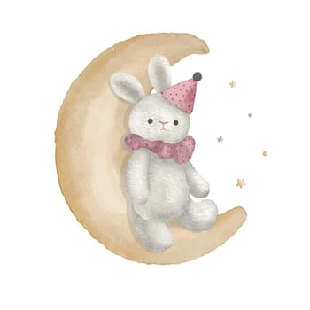 Cute bunny on the moon with little stars, watercolor vector illustration