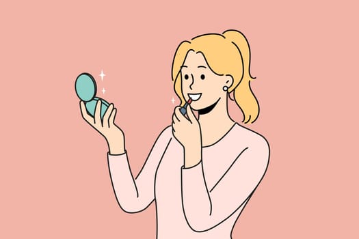 Smiling woman look in mirror putting red lipstick. Happy girl doing makeup with beauty products, getting ready. Cosmetics concept. Vector illustration.