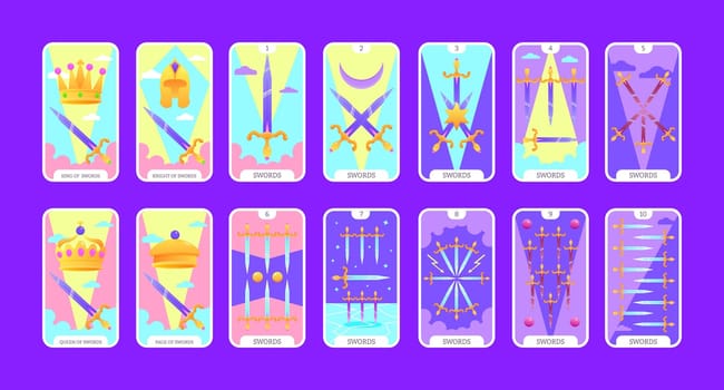 Tarot cards flat deck cartoon. Taro card minor arcanas suit of swords, occult vector game set. Full pack of spiritual signs Ace, King, Queen, Knight, Page, Two to Ten esoteric magic and astrology symbols. Isolated colored illustrations