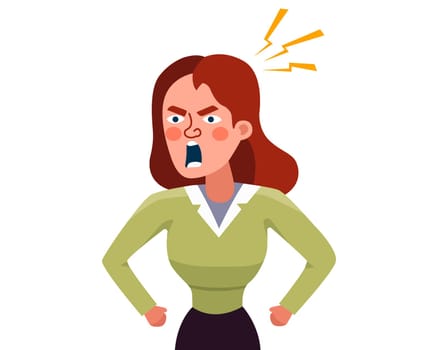 angry woman screams loudly. angry girl is angry. flat vector illustration.