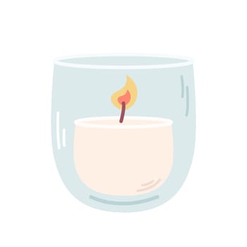 Lighted candle in glass candlestick on white background, vector flat illustration.