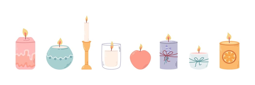 Set of different decorative scented candles in candlesticks for relaxation and spa. Vector flat illustration.