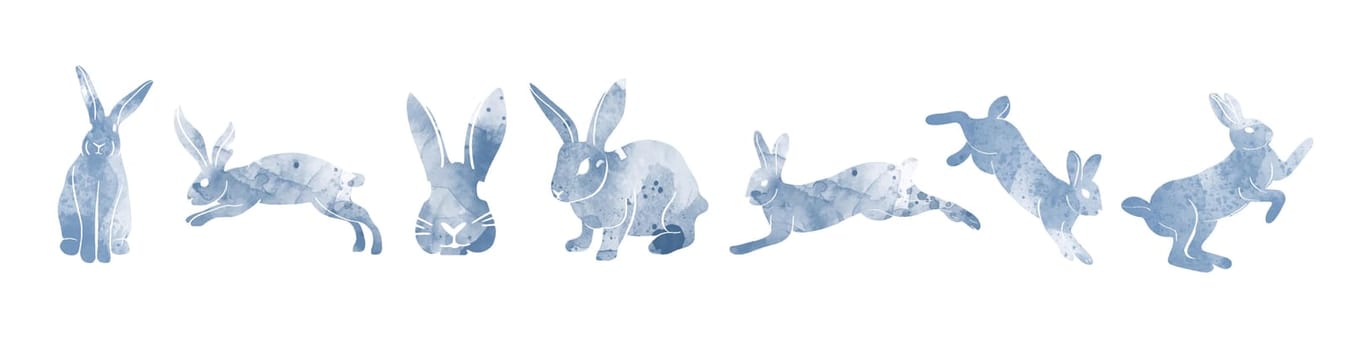 Watercolor style blue rabbit silhouette illustration set