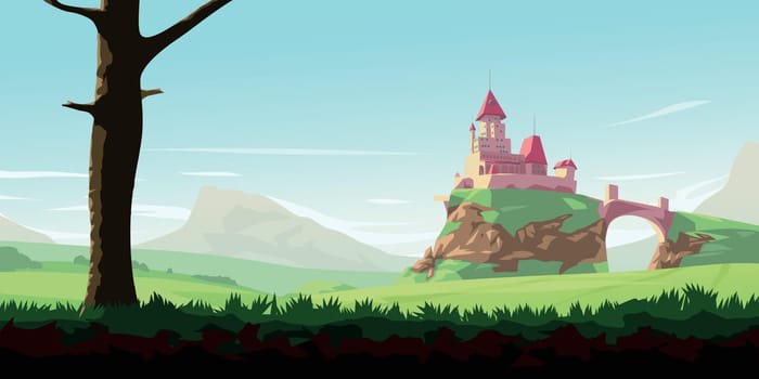 illustration of a medieval fairytale castle landscape at sunny day layered for parallax