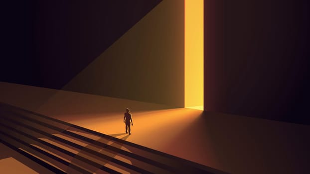 illustration of man standing in front of huge open entrance with bright light from it