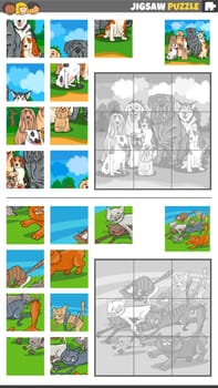 Cartoon illustration of educational jigsaw puzzle games set with funny dogs and cats characters