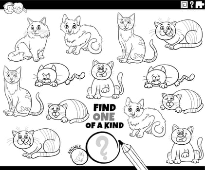 Black and white cartoon illustration of find one of a kind picture educational game with funny cats animal characters coloring page