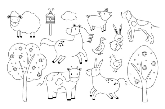 Set of domestic and farm animals and pets and trees. Thin black line art icons. Linear cartoon style illustrations isolated on white.
