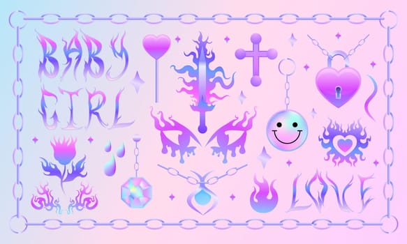 Y2k flame, chain and heart stickers set. Girl pink holographic tattoo, fire, smile, flower, necklace triball glamour 2000s style. Vector icons. 90s, 00s aesthetic trendy emo goth Text love, baby