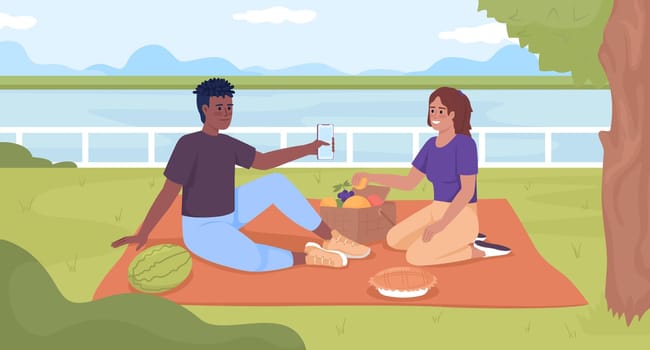 Spending leisure time together and bonding flat color vector illustration. Teenagers enjoying picnic on blanket. Fully editable 2D simple cartoon characters with river and park landscape on background