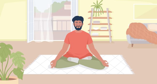 Morning meditation for gratitude flat color vector illustration. Smiling bearded man relaxing on throw rug. Fully editable 2D simple cartoon character with cozy living room interior on background