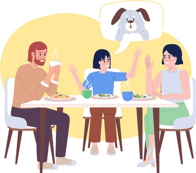 Having breakfast together 2D vector isolated illustration. Excited girl convincing parents to adopt dog flat characters on cartoon background. Colorful editable scene for mobile, website, presentation
