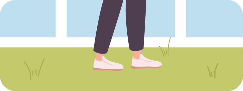 Walking feet in sneakers on grass flat concept vector illustration. Flash message with flat 2D character on cartoon isolated background. Colorful editable image for mobile, website UX design