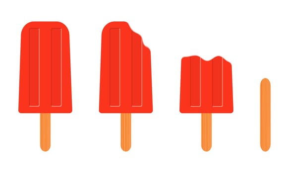 Popsicle whole and bitten, empty ice cream stick isolated on white background. Sweet frozen summer dessert. Vector cartoon illustration.