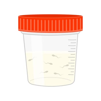 Semen analysis. Sperm sample plastic container isolated on white background. Male fertility test. Sperm donation concept. Vector cartoon illustration.