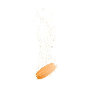 Effervescent soluble orange tablet with fizzing underwater bubbles. Medicine or vitamin pill dissolving in water isolated on white background. Vector realistic illustration.