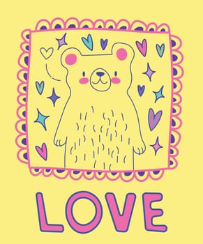 Cute bear with cartoon hand drawn vector illustration Text Hello. Can be used for t-shirt print, kids wear fashion design, baby shower invitation card. EPS