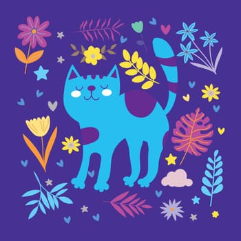 Colorful card with cat and flowers on dark background Scandinavian cartoon style. For web, posters, invitations, postcards, greeting cards, flyers, etc.