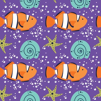 Whimsical seamless pattern on purple background with fish and bubbles. Vector illustration. Sea life