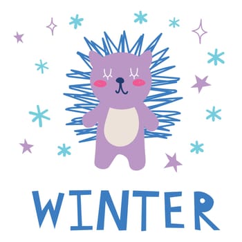 The character of cute hedgehog on the white background in flat vector style. Text Winter Illustration about graphic,content , banner, greeting card.