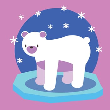 Hand drawn illustration of polar bear isolated on pink and blue Walking or standing polar bear, side view. Flat style