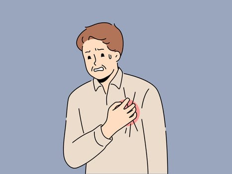 Unwell man touch chest suffer from heart attack. Sick male struggle with cardiovascular disease or myocardial infarct. Healthcare and cardiology. Vector illustration.