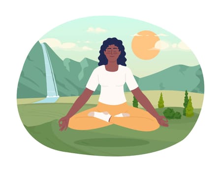 Meditation 2D vector isolated spot illustration. Mindfulness practice. Woman doing yoga in peaceful valley flat character on cartoon background. Colorful editable scene for mobile, website, magazine