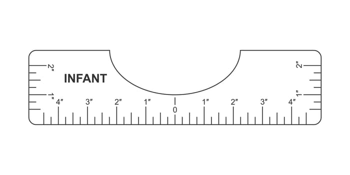Infant T shirt size alignment guide. Ruler for centering clothing design. Sewing measurement tool with markup and numbers for print or laser cut. Inches calibration. Vector outline illustration