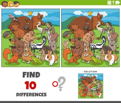 Cartoon illustration of finding the differences between pictures educational game with comic animal characters