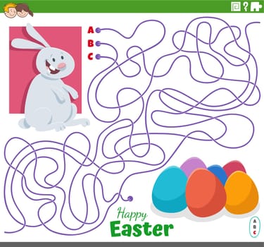 Cartoon illustration of lines maze puzzle game with Easter Bunny character and Easter eggs