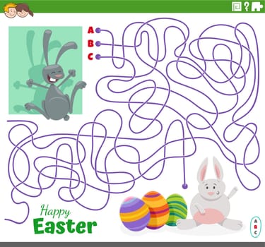 Cartoon illustration of lines maze puzzle game with Easter Bunnies character and Easter eggs