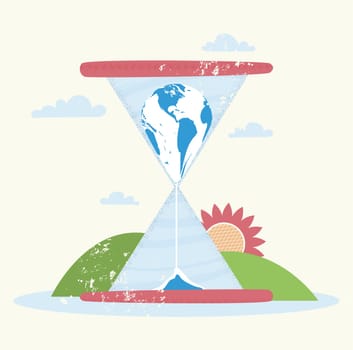 In the hourglass, the planet is crumbling. The concept of the destruction and death of the planet earth. Vector illustration.