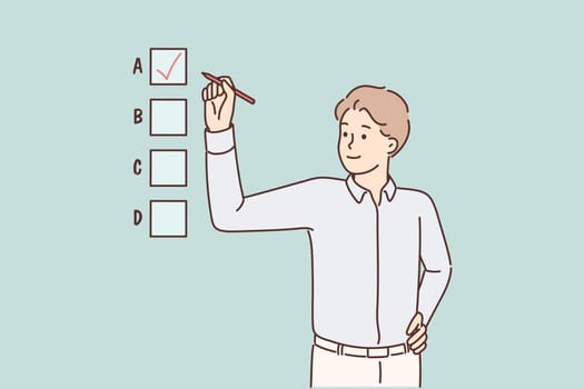 Smiling businessman check gap make decision. Happy male employee engaged in multiple choice test question. Vector illustration.