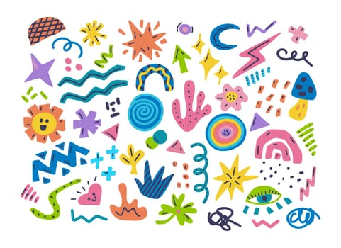 Set of colorful hand drawn doodles of different shapes, abstract elements for modern design, vector illustration on white background.