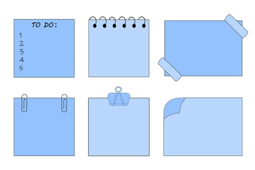 A set of paper stickers for notes, sheets of paper with paper clips. Icons, vector