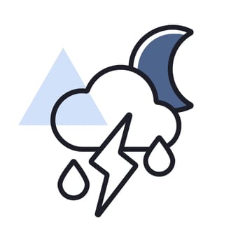 Moon cloud with fall rain and lightning vector icon. Meteorology sign. Graph symbol for travel, tourism and weather web site and apps logo, app, UI