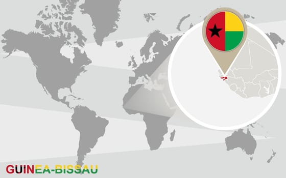 World map with magnified Guinea-Bissau. Guinea-Bissau flag and map.