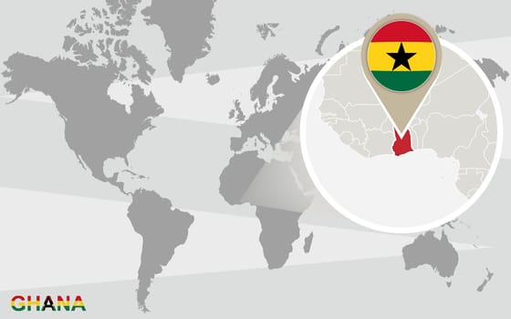 World map with magnified Ghana. Ghana flag and map.