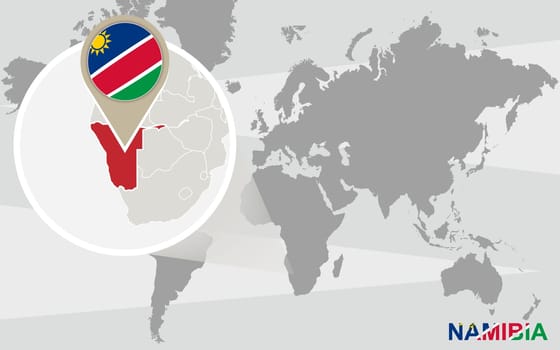 World map with magnified Namibia. Namibia flag and map.