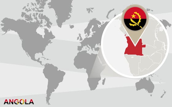 World map with magnified Angola. Angola flag and map.
