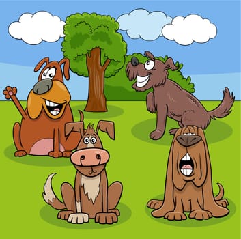 Cartoon illustration of funny dogs and puppies animal characters in a meadow