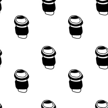 Seamless vector pattern disposable plastic cup with lid for coffee. Takeaway. Coffee to go. Doodle illustration.