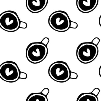 Seamless vector pattern of a cup with a heart of cinnamon .coffee and tea. Sweet, cakes. View from above. Doodle illustration.