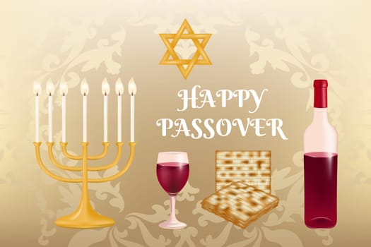 Celebrate the joyous occasion of Passover with this festive background featuring candles, matzah, and red wine amidst a beautiful patterned design. Vector illustration.