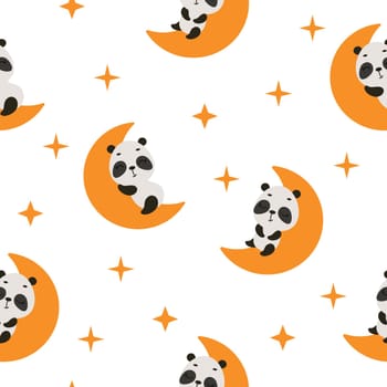 Cute little panda sleeping on moon seamless childish pattern. Funny cartoon animal character for fabric, wrapping, textile, wallpaper, apparel. Vector illustration